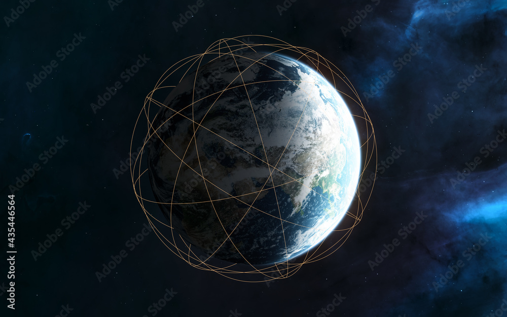 Wall mural planet earth. visualization of satellite orbits. solar system. 3d render. science fiction. elements 
