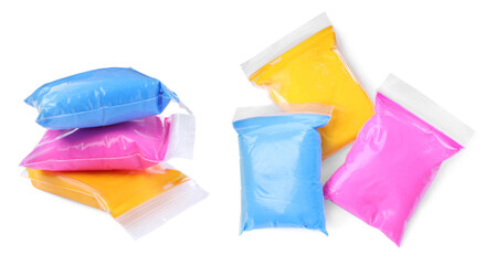 Packages of different colorful plasticine on white background, collage. Banner design