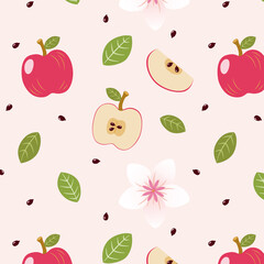 Sweet Apple, Apple Slice, Leaves and Flowers Pattern Illustration