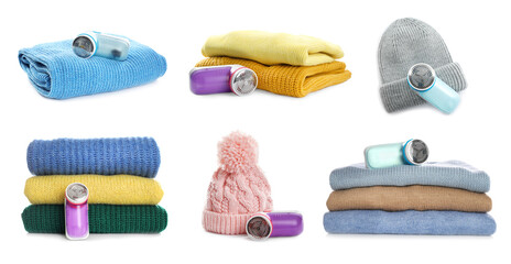 Fabric shavers and woolen clothes on white background, collage. Banner design