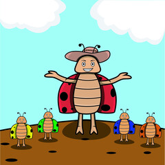 Vector Of Mascot beetle and Kids Beetle and Field  Background. Perfect for learning Color, Knowledge, mascot, logo, advertisement, sticker and background.