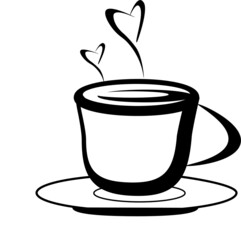 cup of coffee with hearty smoke or hot tea in tea cup with attractive hearts