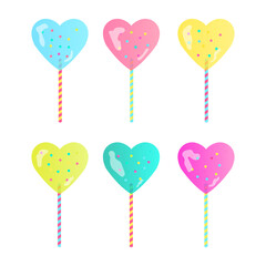 a set of multi-colored lollipops - transparent heart-shaped with shimmer, yellow, blue and pink candies on striped sticks. isolated on white background. collection for design posters and banners