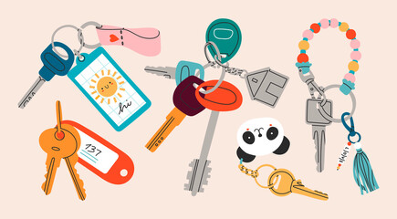 Set of various Keys with different Keychains. Keyholders and keyrings collection. Modern keys with pendants. Hand drawn Vector illustration. Home rental, property, real estate concept - obrazy, fototapety, plakaty