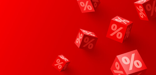 Great discount. Mega Sale banner or poster design on bright red background. Composition with 3d boxes.