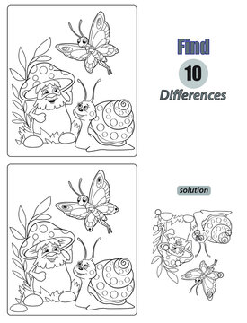 Black and White Cartoon Illustration of Finding Differences Between Pictures. Educational Game for Children with  mushroom with eyes and hands, snail, butterfly. Coloring Book Page.