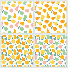 A set of seamless patterns in a variety of colorful pears and leaves.