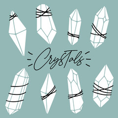 Silhouettes of wire wrapped gems, crystals, diamonds, minerals, rhinestones, birthstones. Abstract, spiritual, witchy, boho collection. Polygonal, geometric shapes. Vector hand drawn