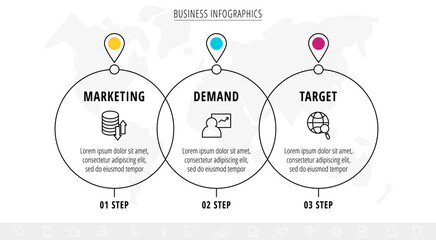 Modern and line vector infographic with icons and three steps. Circles with thin lines for the application, website, interface, chart, diagram, banner, presentations on a white isolated background