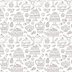 Seamless pattern of cups, teapots, cookies, cakes and other sweets.