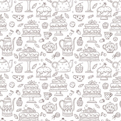 Seamless pattern of cups, teapots, cookies, cakes and other sweets.