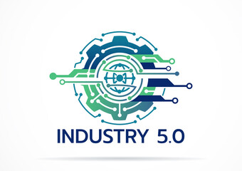 Industry 5.0 Concept Business Control or Logo, World Factory and Wheel Eclectic, Cyber Physical Systems concept,smart factory logo.