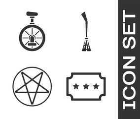 Set Ticket, Unicycle or one wheel bicycle, Pentagram in a circle and Witches broom icon. Vector © Oksana