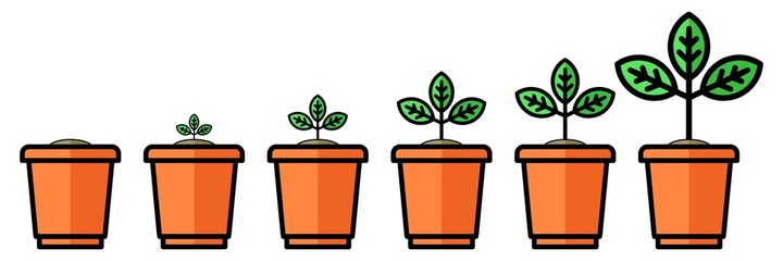 nvis15 NewVectorIllustrationSign nvis - growth . plants growing in the plant pot . 6 flower pot in line icon . growth stages . vector graphic design - transparent - AI10 / EPS10 . banner g10574
