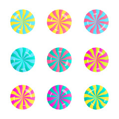 set of round striped candies in different colors. collection of realistic lollipops for decoration posters and banners. vector illustration elements isolated on white background