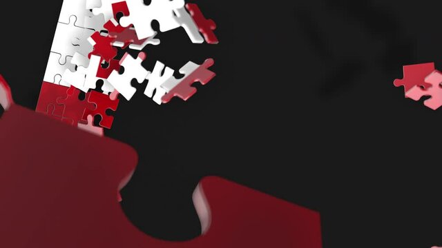 Animation of jigsaw puzzle assemble. Problem solving and completing concept. Tonga national flag integration. Symbol of association and connection. Isolated on dark background.