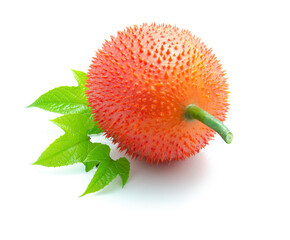 Single ripe gac fruit and three green leaves isolated on white background. Gac is high in antioxidants that help slow down aging and prevent aging.