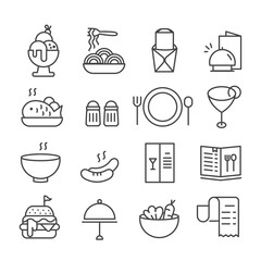 Set of food in minimal icons. Restaurant concept. Modern outline on white background