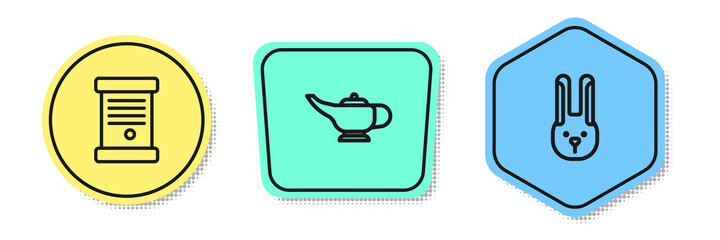 Set line Decree, paper, parchment, scroll, Magic lamp or Aladdin and Rabbit with ears. Colored shapes. Vector