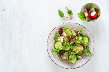 Summer healthy vegetables salad with cucumber, radish, micro greens and tomato. Summer healthy...