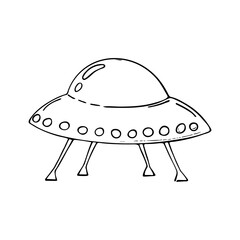 Hand-drawn flying saucer,UFO.Alien aircraft,spaceship to travel through space.Doodle style,simple minimalistic drawing.Fantasy sketch,line art.Isolated.Vector illustration