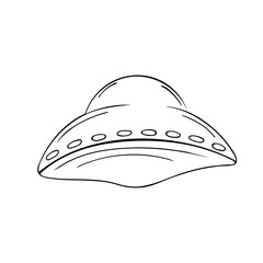 Hand-drawn flying saucer,UFO.Alien aircraft,spaceship to travel through space.Doodle style,simple minimalistic drawing.Fantasy sketch,line art.Isolated.Vector illustration