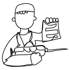Line cartoon doctor. The attending physician with a syringe in one line on a white background. Vector illustration of a nurse with a vaccine. 