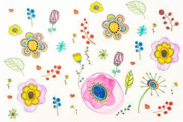 Summer botanical hand drawn pattern. Floral composition of cute flowers, leaves and berries on white canvas paper.