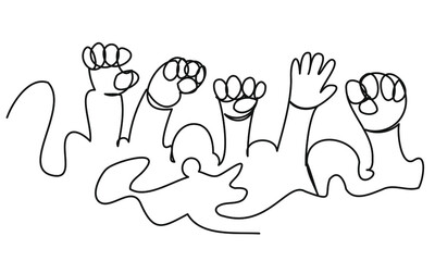 One line protest on a white background. Hands raised up. Vector illustration of disgruntled people in abstract style.
