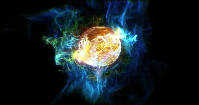 Abstract dynamic and colorful particles with fluid motion on a black background. Iridescent sphere with smoke wisp flowing from center. 4K