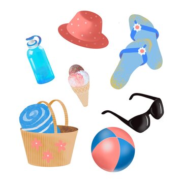 Summer vacation, everything you need on the sea beach. A set of hand-drawn pictures on a white background. Hot summer concept.
