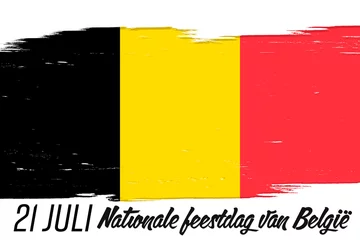 Fototapeten "21 Juli Nationale feestdag van België" - 21 of July Belgian Independence Day, banner with grunge brush. Flag of Belgium, national tricolor in original colors. © Denis Sined