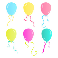 set of helium balloons of different colors with multicolored ribbons, isolated on white background. vector illustration for creating posters, banners and cards, as blue, green, pink and yellow.