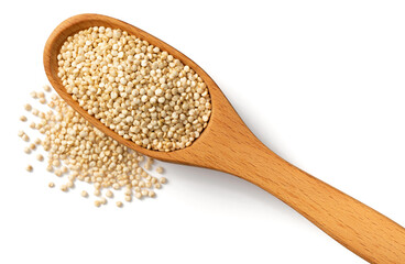 uncooked white quinoa in the wooden spoon, isolated on white background, top view