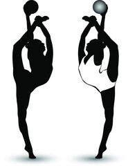 Black and white image of a gymnast performing an exercise with a ball vector illustration