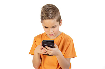 boy looking into the phone on a white background