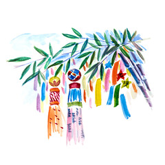 Japanese Sendai Tanabata Festival. Drawing with watercolors - obrazy, fototapety, plakaty
