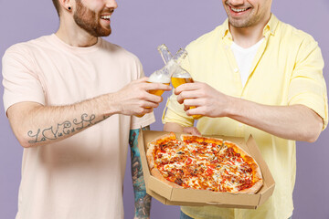 Close up cropped photo portrait shot two young caucasian men friends together wear t-shirt tattoo...