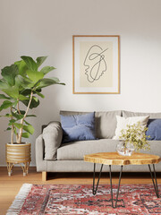 3d bohemian interior with a fig plant, a round wood slab coffee table and a grey sofa with blue and white cushions
