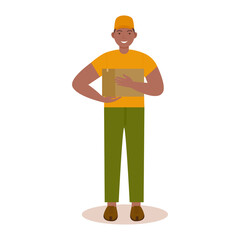 Delivery of online orders. A male courier with a parcel in his hands.