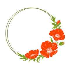 Poppy round frame. Flowers, buds, leaves of poppy and the frame in the form of a circle. Hand drawn color vector illustration for your design.