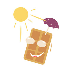 Cartoon white chocolate in sunglasses under an umbrella is hiding from the heat. Drops of chocolate from the heat. Chocolate glasses. White chocolate. Isolated. Vector illustration.