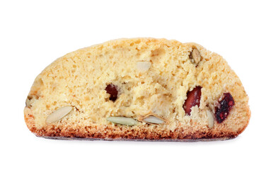 Slice of tasty cantucci with berry and pistachio isolated on white, top view. Traditional Italian almond biscuits