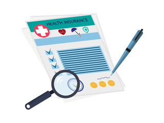 Health insurance, medical form. Paper document of registration of payment with a discount and stamp. Insurance coverage or payment of money in case of illness. Health safety. Vector illustration.