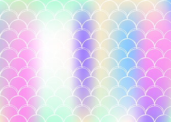 Gradient mermaid background with holographic scales.