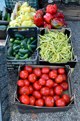 Fruits and vegetables at a farmers market for sale.