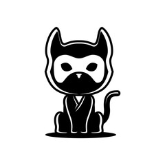 ninja cat sitting in black and white pose with highlight, simple cat logo icon.