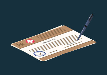 Prescription form, blank rx . Medical paper document. Doctor's prescription form,pen, signature. Isolated rx template for design on blue background. Notebook page for medications. Vector illustration. © TaMih