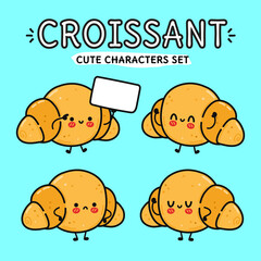 Funny cute happy Croissant characters bundle set. Vector kawaii line cartoon style illustration. Cute Croissant mascot character collection
