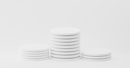 Empty background of a shelf for products. Empty podium or pedestal on a white background concept shape multi-layer cylinder tablet for medicine. 3D rendering.